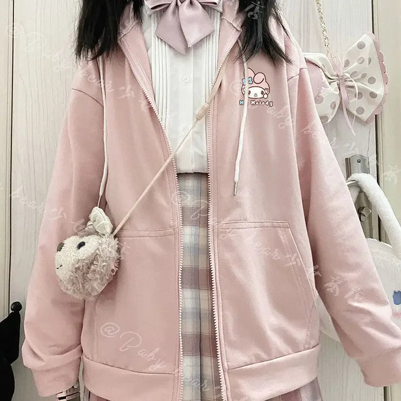 Anime Kawaii Sanrio Cartoon Cinnamoroll Kuromi My Melody JK Coat Hoodie Loose Long Sleeves Hooded Cardigan Jacket Gift