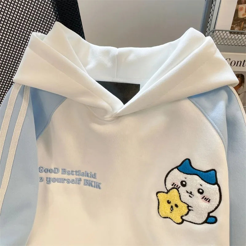 Anime Chiikawa Hachiware Hooded Jacket Cute Embroidery Sweatshirt Kawaii Lovely Sports Leisure Contrasting Colors Cartoon 2026