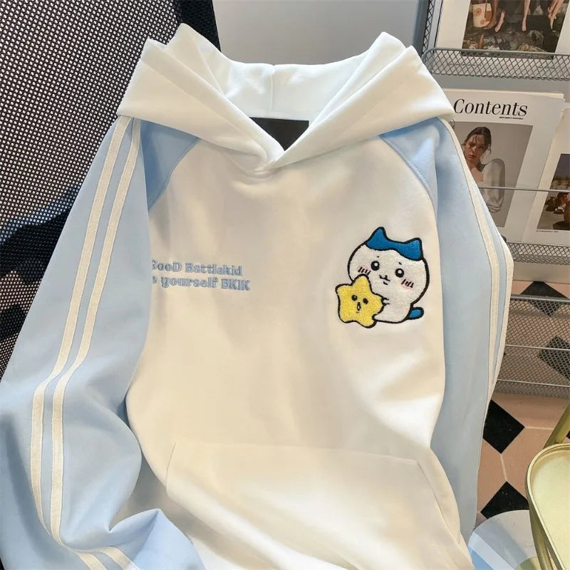 Anime Chiikawa Hachiware Hooded Jacket Cute Embroidery Sweatshirt Kawaii Lovely Sports Leisure Contrasting Colors Cartoon 2026