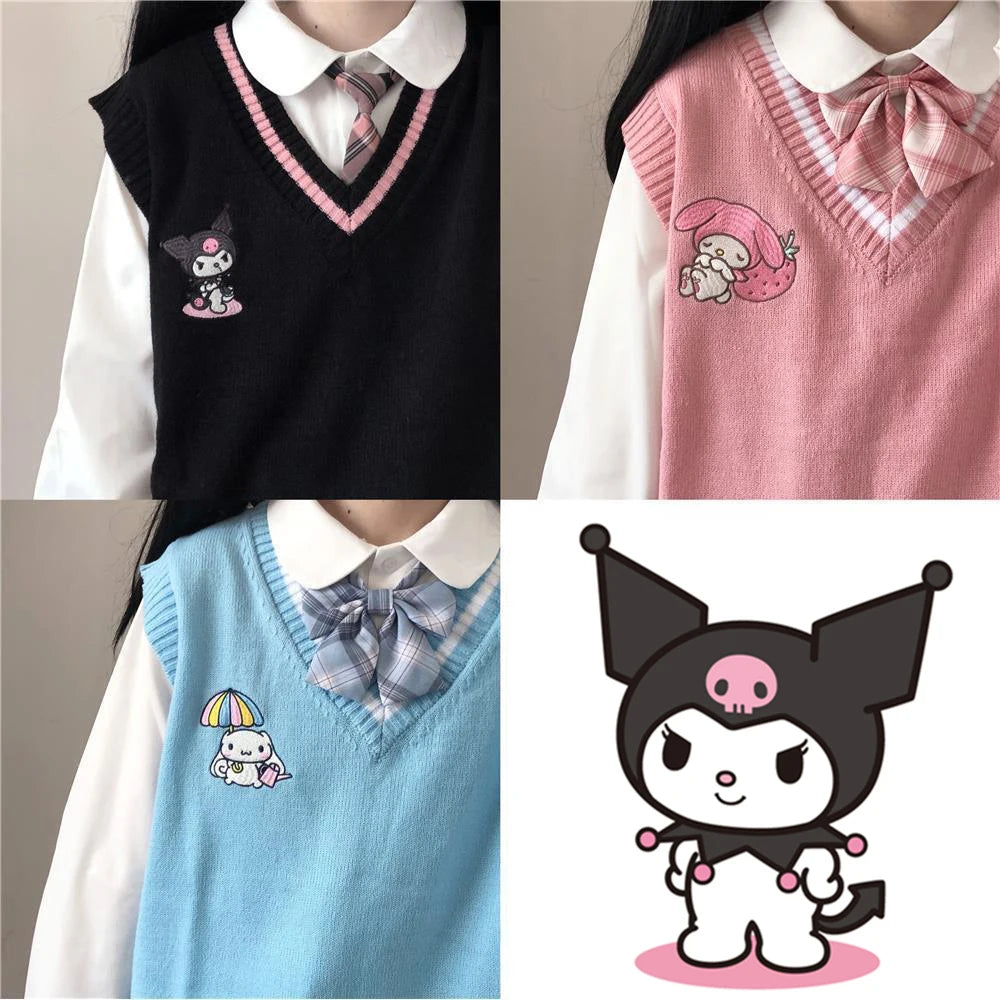 Kawaii Kuromi My Melody Cinnamoroll Sanrioes Wool Sweater V-Neck Waistcoat Vest College Lolita Girl Clothing Anime Peripherals