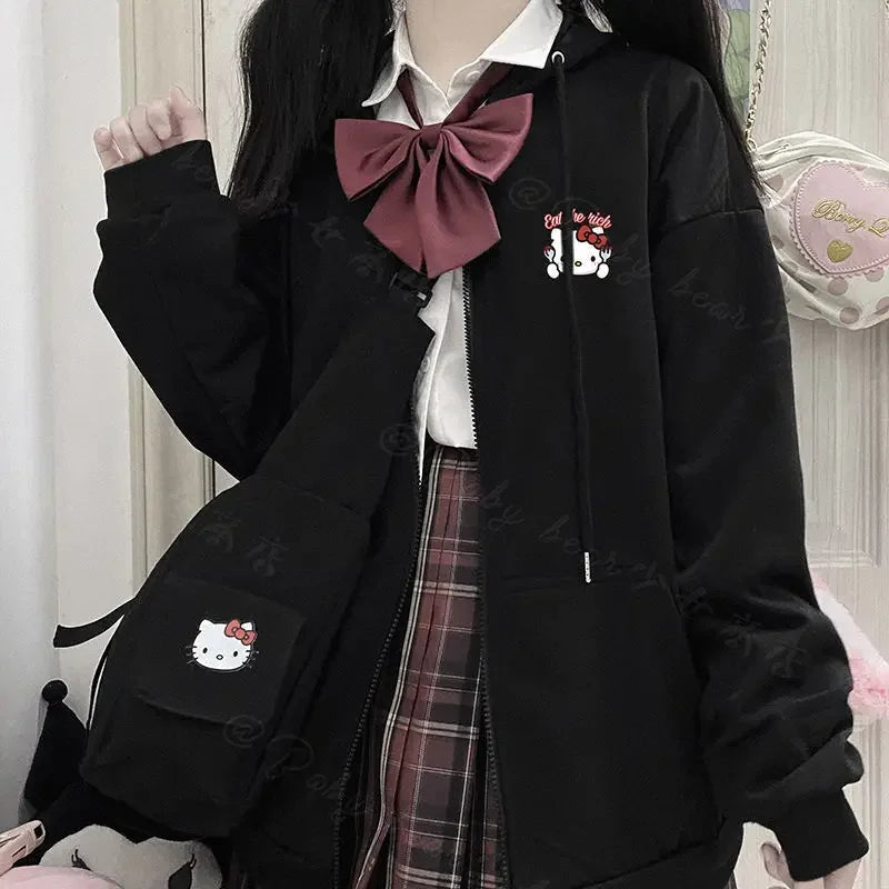 Anime Kawaii Sanrio Cartoon Cinnamoroll Kuromi My Melody JK Coat Hoodie Loose Long Sleeves Hooded Cardigan Jacket Gift