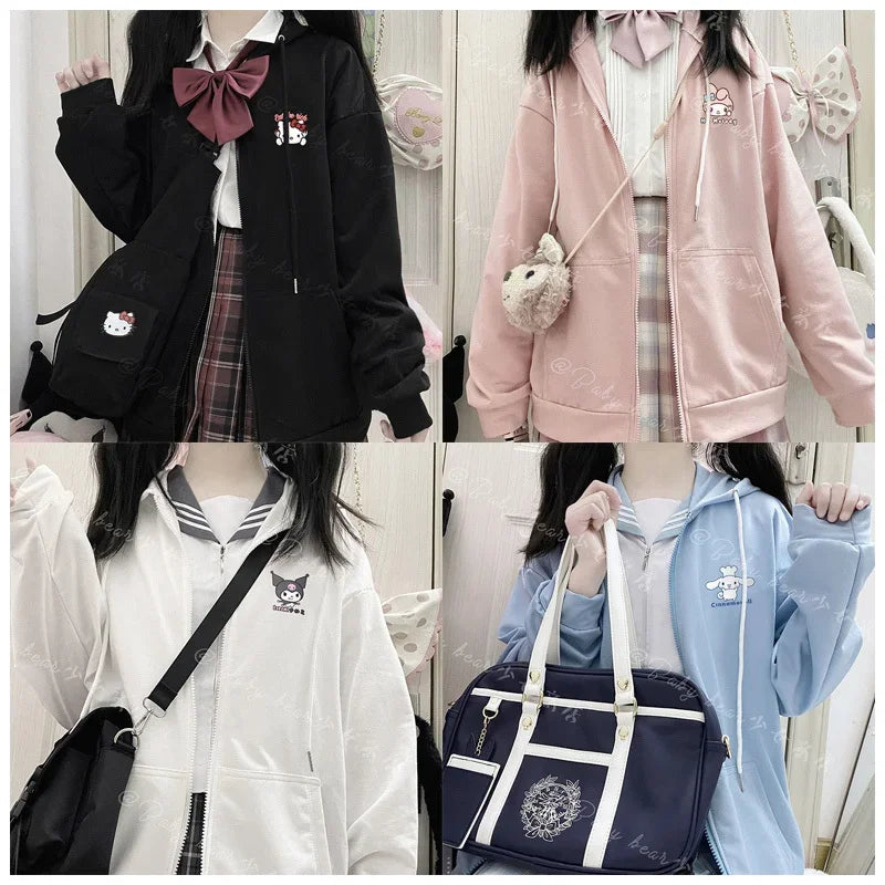 Anime Kawaii Sanrio Cartoon Cinnamoroll Kuromi My Melody JK Coat Hoodie Loose Long Sleeves Hooded Cardigan Jacket Gift