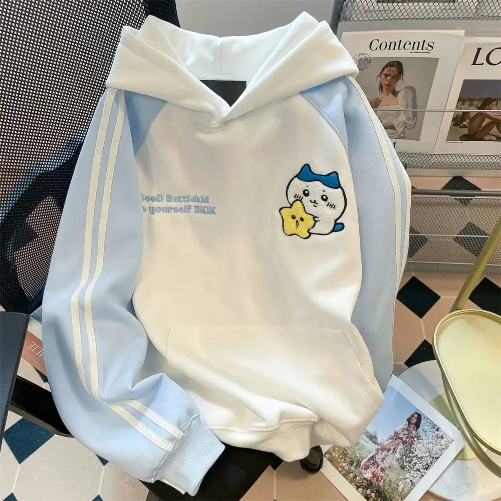Anime Chiikawa Hachiware Hooded Jacket Cute Embroidery Sweatshirt Kawaii Lovely Sports Leisure Contrasting Colors Cartoon 2026