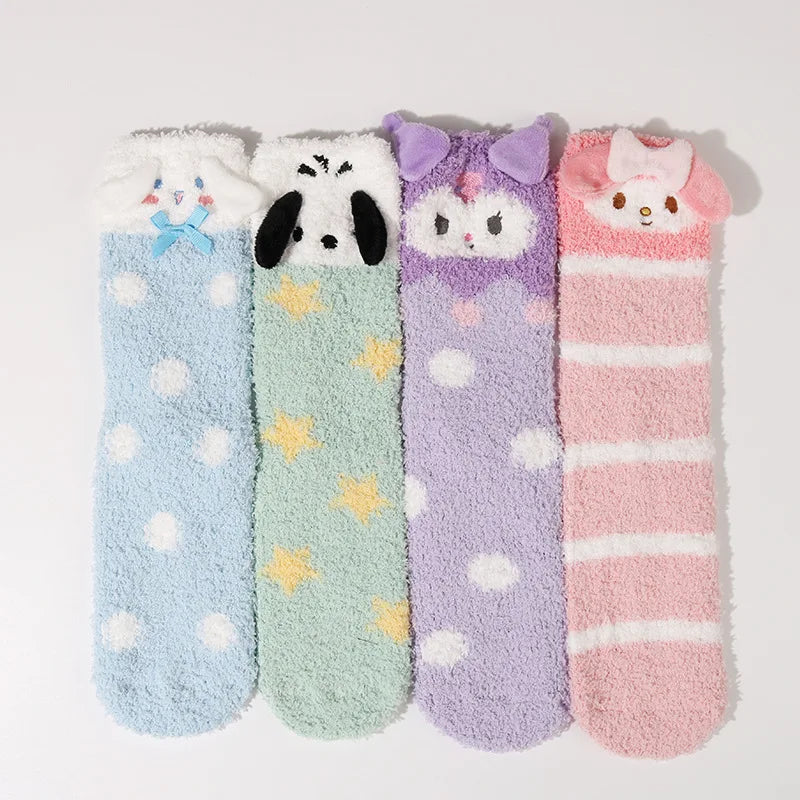 1 Pair Sanrio Socks Cute 3D Ears Cartoon Melody Autumn Winter Middle Socks  Home Floor Coral Velvet Sweating Socks Gift