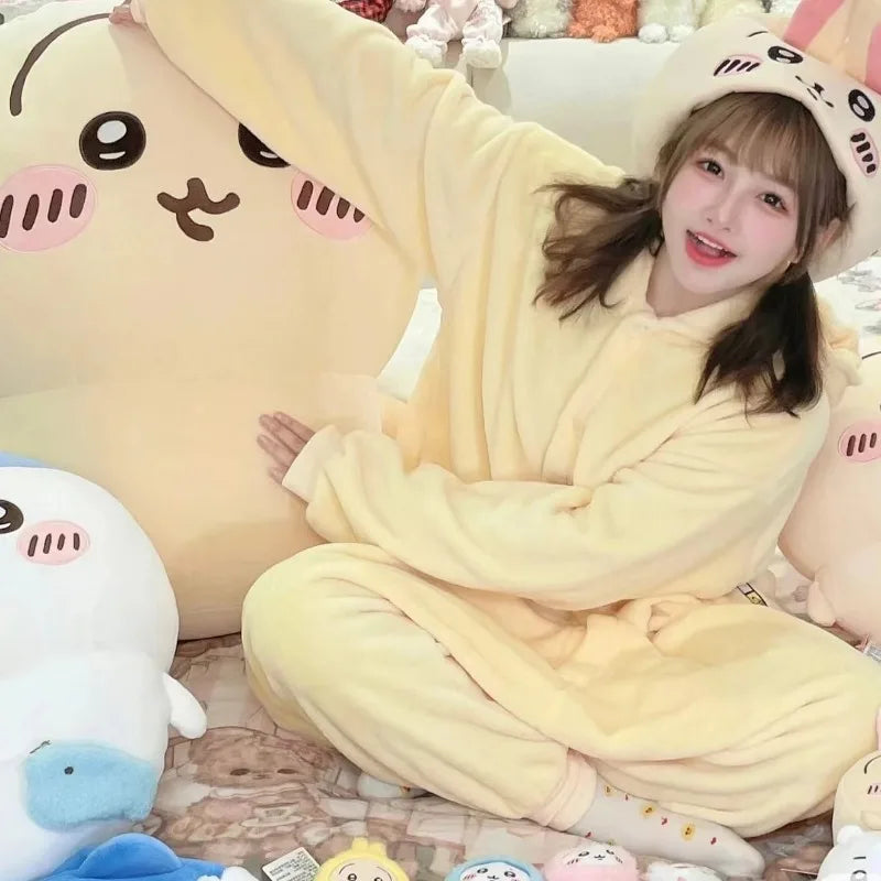 2024 New Cute Cartoon USAgi Hooded Flannel Pajamas Winter New All-in-One Pajamas Home Clothes Girls Birthday Gifts