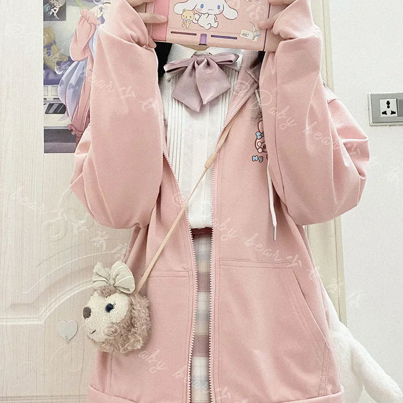 Anime Kawaii Sanrio Cartoon Cinnamoroll Kuromi My Melody JK Coat Hoodie Loose Long Sleeves Hooded Cardigan Jacket Gift