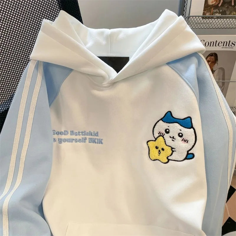 Anime Chiikawa Hachiware Hooded Jacket Cute Embroidery Sweatshirt Kawaii Lovely Sports Leisure Contrasting Colors Cartoon 2026